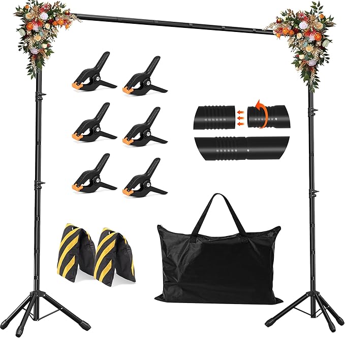 JSungo 10x10 FT Backdrop Stand for Parties, Adjustable Photo Backdrop Stand Kit with Carrying Bag, Portable Background Stand Backdrop for Wedding, Photoshoot, and Photo Studio