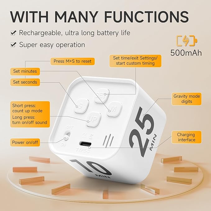 Exlliy Rotating Productivity Timer 5, 25, 10, 50 Minutes Preset, Desk Cube w/Gravity Sensor for ADHD, Mute Functions, Ideal for Work, Study, Kitchen, Back to School (1, White)