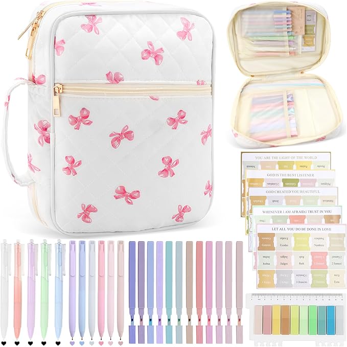 Lestp Bible Cover Case Study Supplies for Women Gifts Large Bible Cover with Highlighters Pens Tabs Cute Quilted Carrying Case Journal Kit Accessories Christian Gifts Sticky Notes C