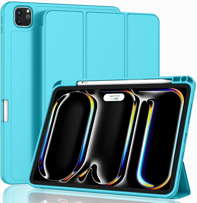 ZryXal iPad Pro 11 Inch Case (M5) 2025/ (M4) 2024 (Model: A2836/A2837/A3006), Trifold Stand Smart Cover with Pencil Holder and Soft TPU Back, Auto Wake/Sleep (Cyan)