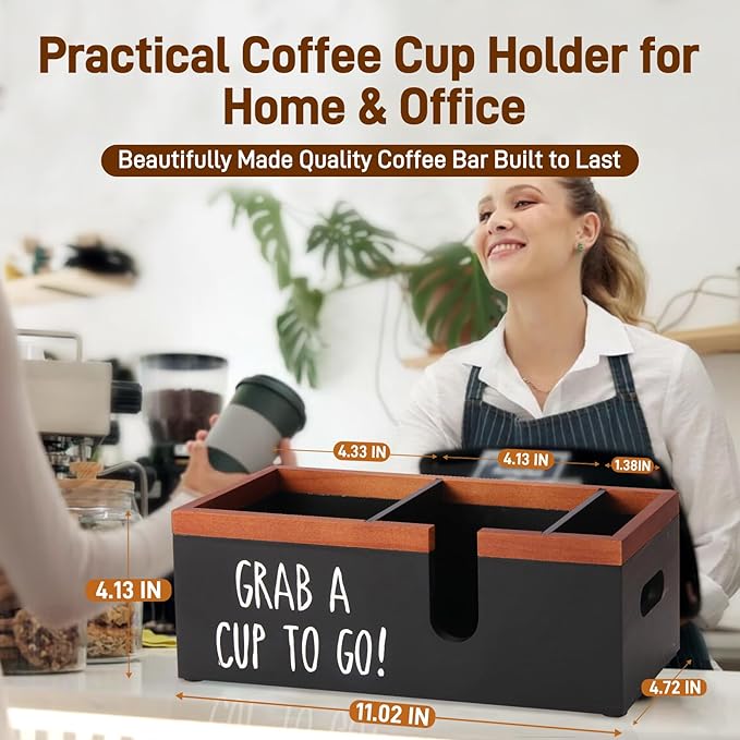 Intarsio 100% Wooden Coffee Cups Holder with U-Shape Cutout Design for Countertop-Coffee Bar Organizer for Cups, Lids, Pods, Stirrers, and Accessories, Great Gift for Home or Office