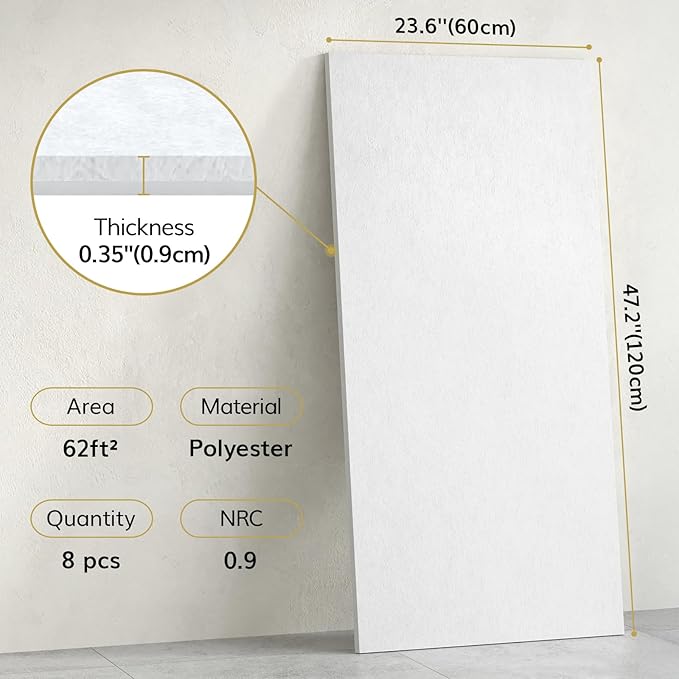 TONOR 8PCS Acoustic Panels, 47.2″ x 23.6″ x 0.35″, Full Self-Adhesive Soundproof Wall Panels, Sound Absorbing Panels for Noise and Echo Reduction, Acoustic Treatment for Studio, Home, Office, White