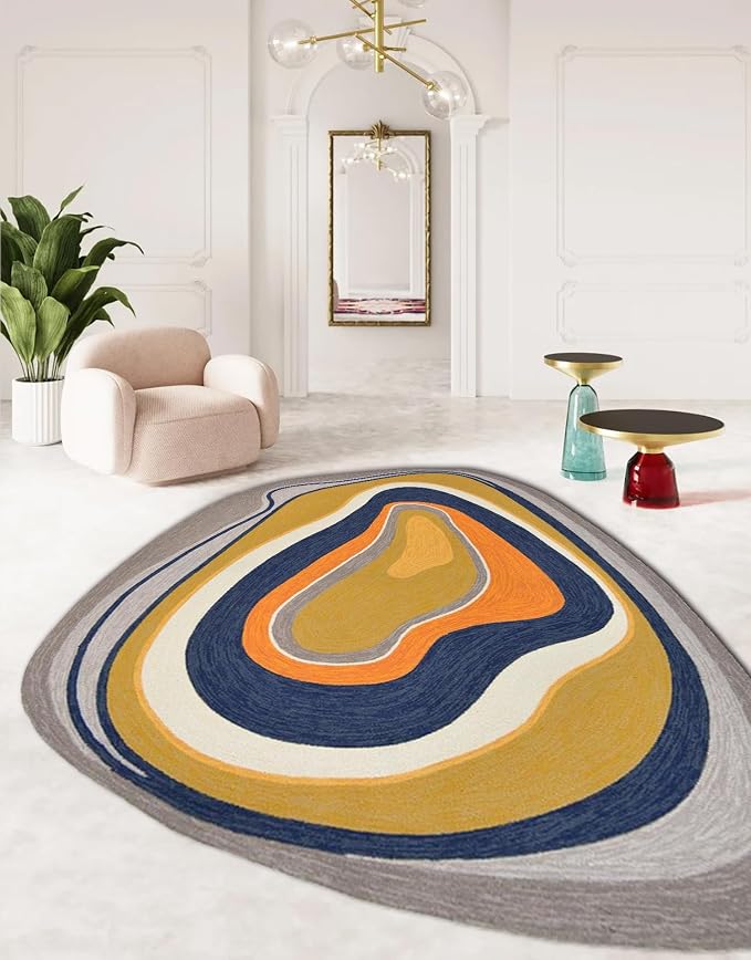 Vibrant Swirl Irregular Area Rug Orange Yellow Blue Modern Abstract Shaped Rugs for Bedroom Living Room Guestroom Non Shedding Large Plush Rug Non Slip Dining Room Playroom Indoor Throw Carpet 7x9