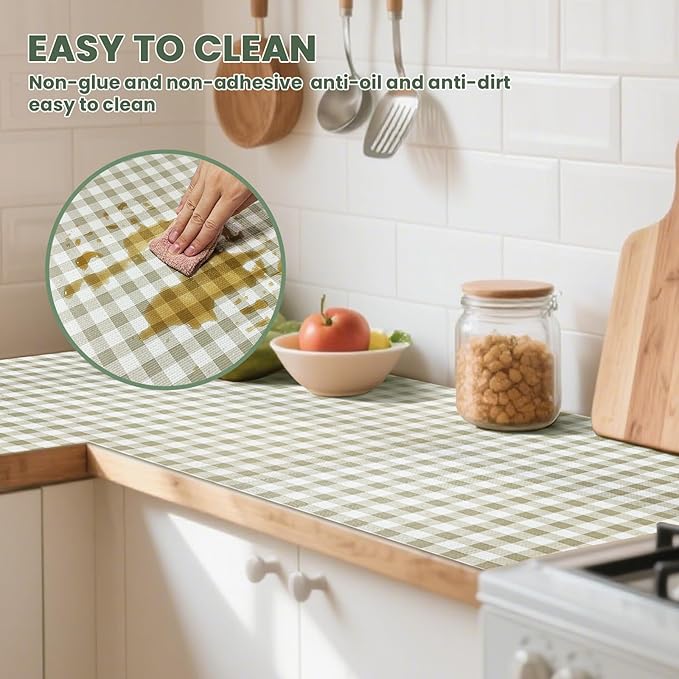 Drawer Liner and Shelf Liner for Kitchen Cabinet Liner Non-Adhesive Non-Slip Shelf Paper, Thick Strong Grip Waterproof Easy to Clean for Shelves, Cupboard, Desks, Green Plaid Pattern, 17.5 in x 20 FT