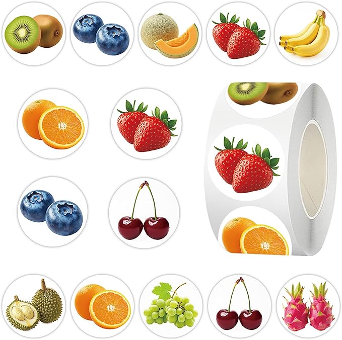 500 Pcs Fruit Stickers Roll, 10 Styles Cartoon Waterproof Vinyl Stickers for Teens, Cute Fruit Stickers for Journal Decoration, Laptop, Party Favors, Classroom Rewards (500 per Roll)
