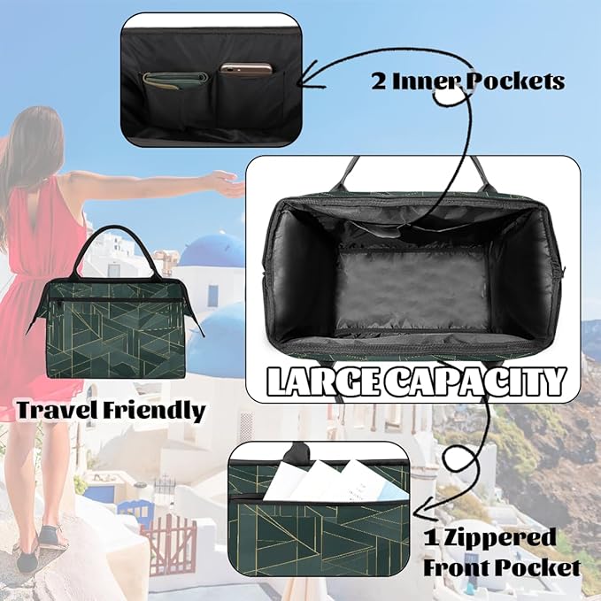 Teal Gold Geometric Lines Travel Duffel Bag, Waterproof Sports Gym Duffle Bag, Large Capacity Weekender Carry On Overnight Bags for Women Men