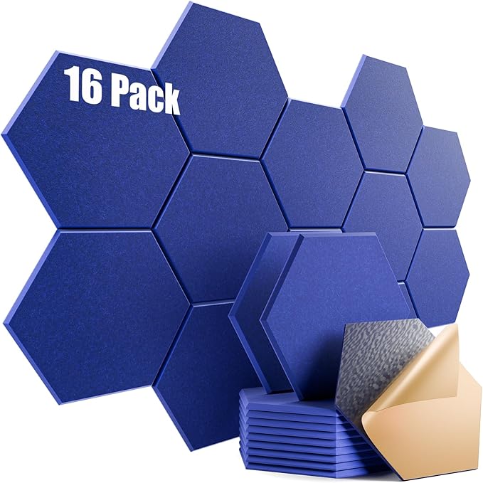 16 Pack Self-adhesive Acoustic Panels 12" X 10" X 0.4" -Sound Proof Foam Panels for wall with High Density, Hexagon Design, Flame Resistant, Absorb Noise and Eliminate Echoes(Telecom Blue)