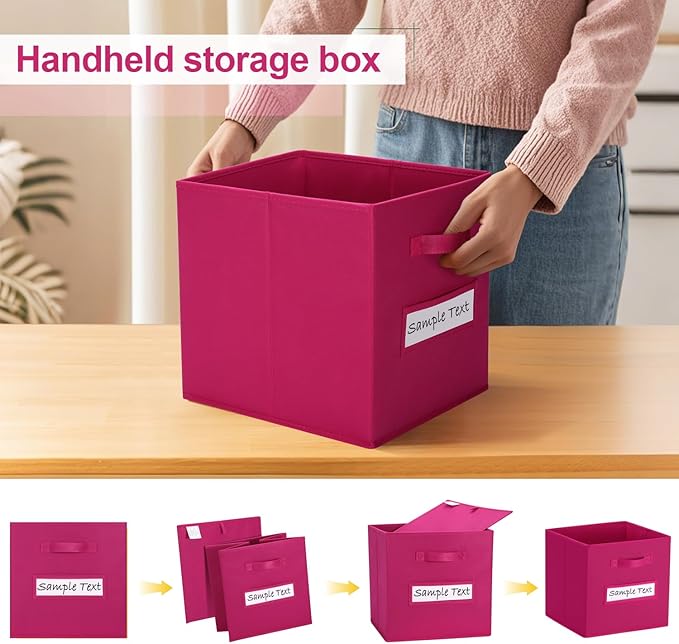 artsdi 13x13 storage cube bins (Set of 10) Foldable Fabric storage cubes with 10 Labels Window Cards & a Pen,13 inch cube storage bins,Closet Organizers for Shelves,Cubby Organizer Boxes,Dark pink