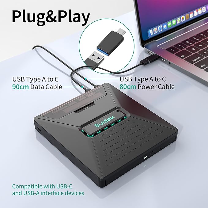 CD DVD Drive External, Portable CD DVD Driver +/-RW Burner with 2.5" SATA,SD Card Reader and USB A Type C 2.0 Hub Compatible with Laptop PC