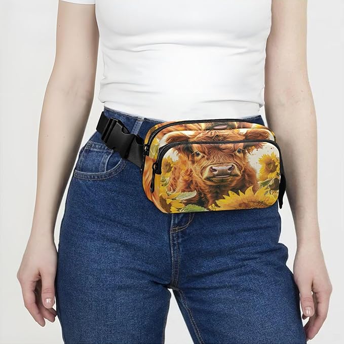 Highland Cow Sunflowers Fanny Pack for Women Men Water Resistant Fashion Waist Packs with Adjustable Strap Belt Bag for Travel Workout Jogging Hiking 21220111