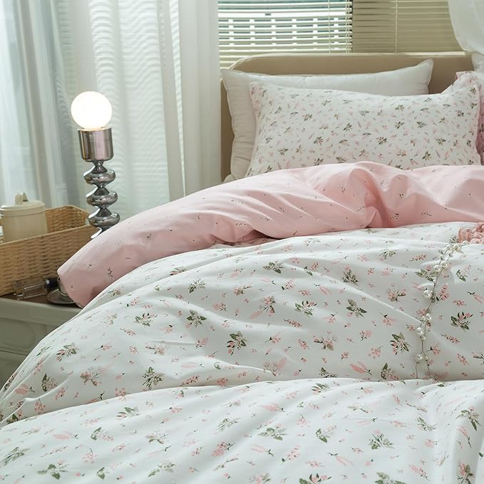 LifeTB Girls Pink Flower Duvet Cover Twin 100% Cotton Blossom Floral Comforter Cover Pink White Flower Pattern Duvet Cover with Zipper Closure Aesthetic Botanical Cottagecore Bedding Set Twin