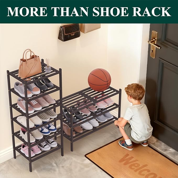 Smiry Long Bamboo Shoe Rack 4-Tier, Stackable Wooden Shoe Organizer for Entryway & Closet, Free Standing Wood Shoe Storage Shelf for Front Door & Small Spaces, Brown