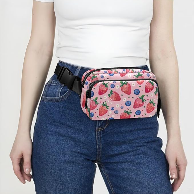 Pink Strawberry Blueberry Fanny Pack for Women Men Water Resistant Fashion Waist Packs with Adjustable Strap Belt Bag for Travel Workout Jogging Hiking 21219429