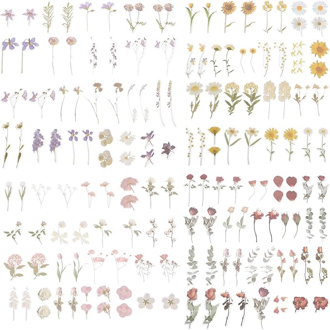 HANABASS 4Pcs Creative Floral Scrapbook Stickers Set, DIY Journal Decals for Crafts and Handmade Album Decoration, Mixed Flower Designs for Scrapbooking and Stationery Enthusiasts