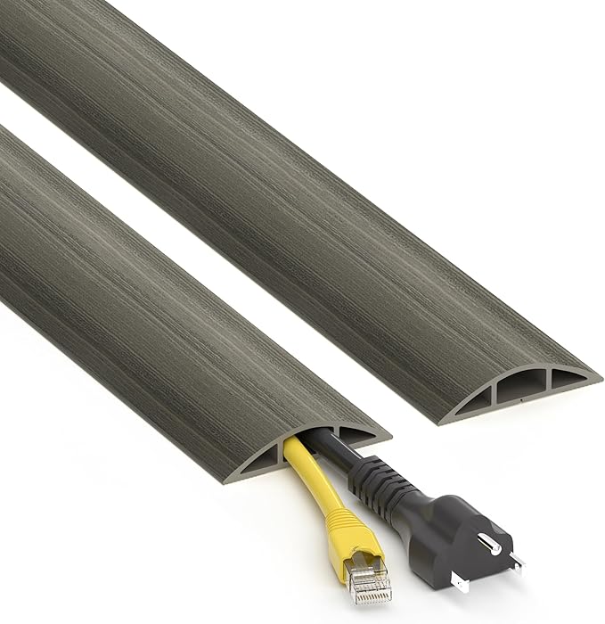 Floor Cord Cover 4ft, Gray Oak Wood Wire Hider Hide Extension Cords, Floor Cable Management Cover, PVC Cable Protector Cord Cavity W0.6in x H0.32in