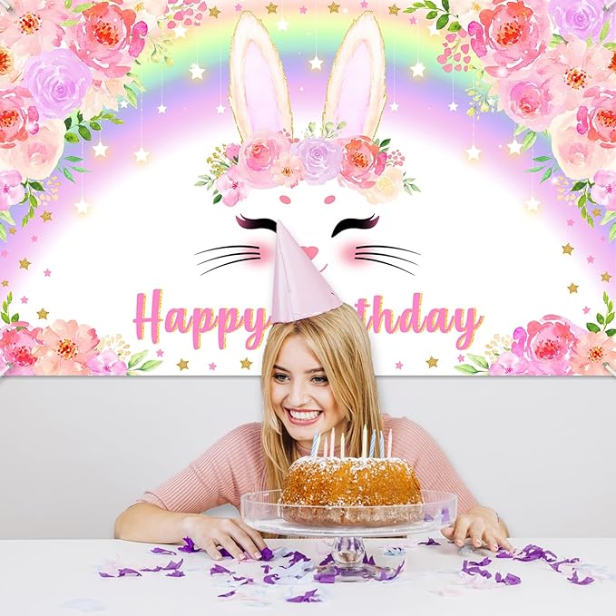 Avezano Bunny Birthday Banner Pink Floral Rainbow Bunny Happy Birthday Party Decorations Bunny Birthday Banner Decorations for Girls Rabbit Spring Easter Birthday Party Supplies 70.8 x 43.3 Inch
