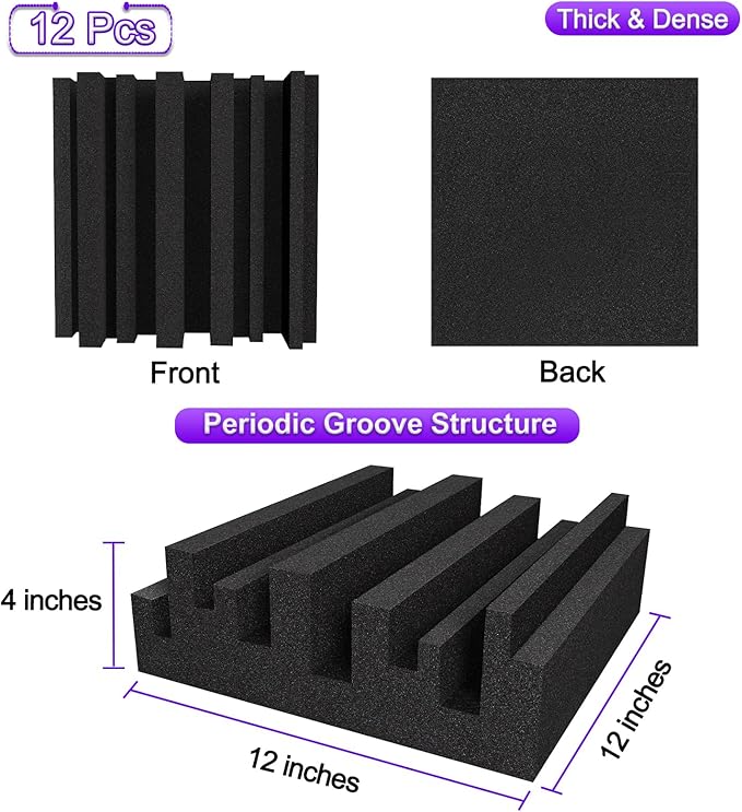 TroyStudio Thick Acoustic Foam Panels, 12 X 12 X 4 Inch 12 Pcs Broadband Sound Absorbing Foam, Dense Soundproof Padding Tile, Recording Studio Foam Absorber, Groove Decorative 3D Wall Ceiling Panel