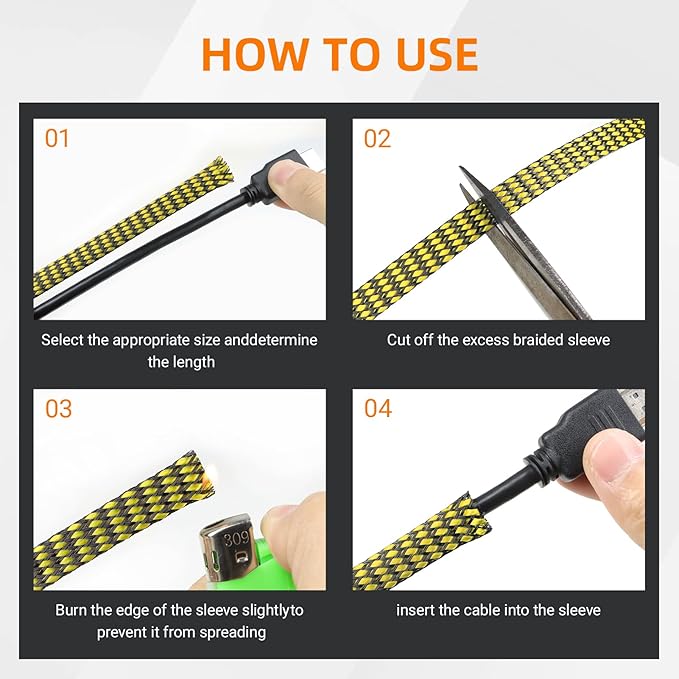 Braided Expandable Cable Sleeve, 25ft PP Cotton and PET Braided Cable Management, Flexible Mesh Wire Loom and Cable Protector for TV, Computer, Home Theater, Automotive (Yellow, 5/16")