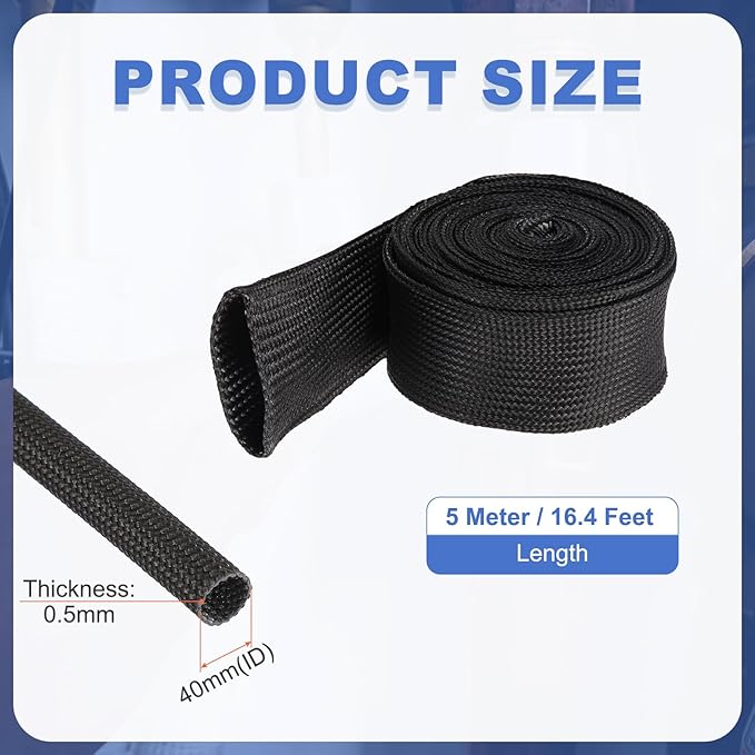 uxcell Insulation Cable Protector,40mm/1.57 Inch-5m/16 Feet High Temp Fiberglass Sleeve Black