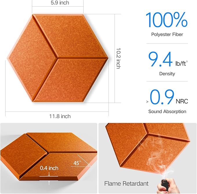 22 Pack Self-Adhesive Acoustic Panels 12" X 10" X 0.4" - Sound Proof Foam Panels with High Density, Y-Lined Design, Flame Resistant, Absorb Noise and Eliminate Echoes(Tangerine)