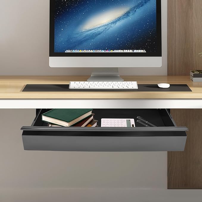 22" Under Desk Drawer Slide Out For Office Desk, Storage Organizer For Sit Stand Workstation, Black