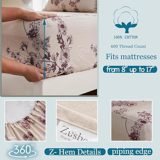 Zusbest California King Sheet Sets 100% Percale Cotton Red Floral Bed Sheet, Brushed Extra Softness, Breathable Toile Flannel Like Sheets Shabby Vintage Flower Print Deep Pocket Sheets 17.5'' 4 Pcs