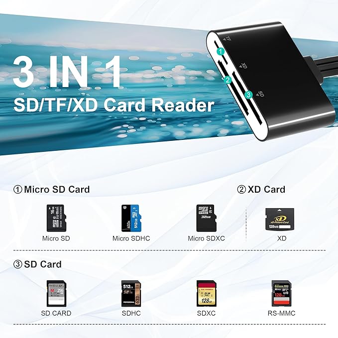 XD Card Reader, SD Card Reader for iPhone, 3 in 1 SD/TF/XD Memory Card Reader Adapter for Lightning/USB C/USB A Device, XD Picture Card Adapter iPhone 17/16/15/14, iPad, MacBook, Android, Camera & PC
