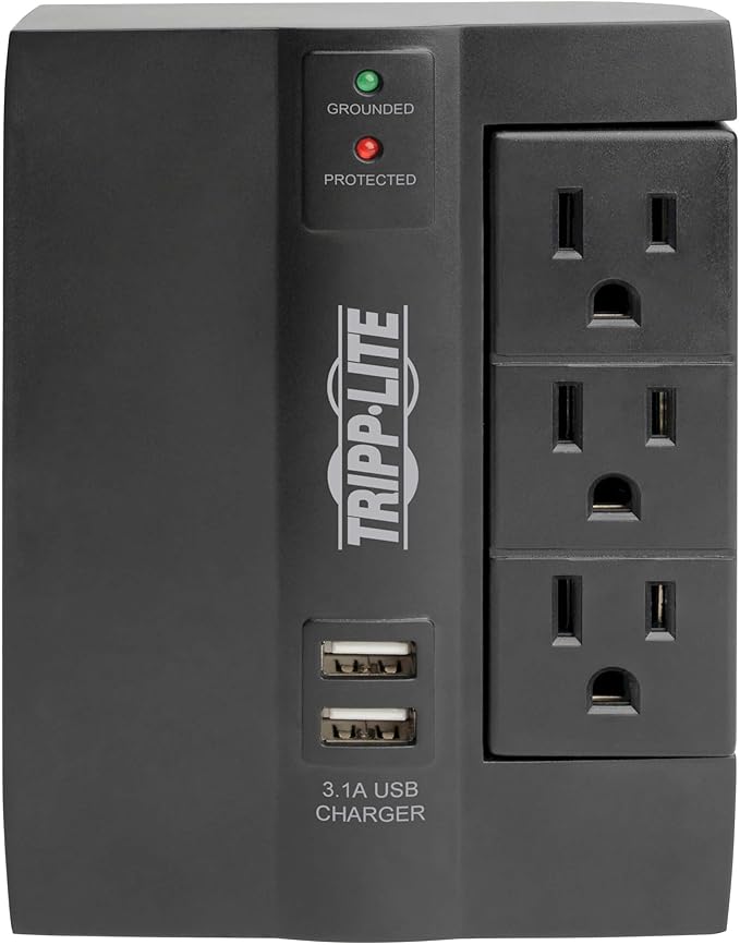 TRIPP LITE 6 Outlet Surge Protector Power Strip, 3 Rotatable Outlets, Wall Tap/Direct Plug in, 1200 Joules, 2 USB Charging Ports, Limited Warranty & $20, 000 Insurance (SWIVEL6USB), Black