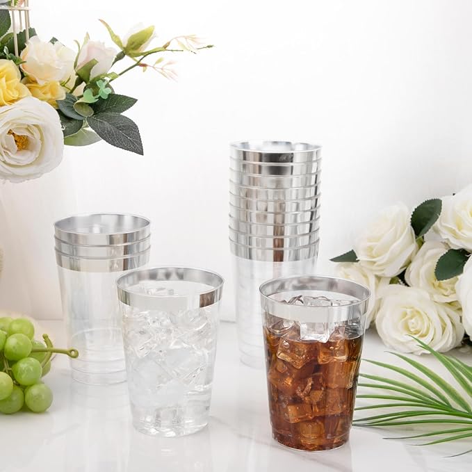 I00000 100 Pack 12 oz Silver Plastic Cups, Silver Rimmed Disposable Cups, Party Wine Glasses Cocktail Glasses Premium Cups with Silver Rim, 12 Ounce Plastic Tumblers For Party