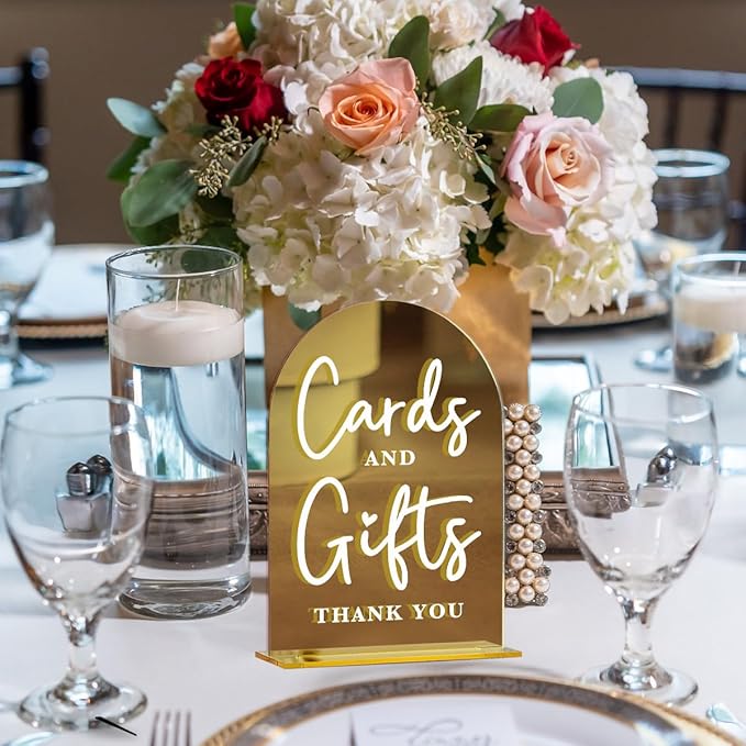 Acrylic Wedding Sign, Bridal Shower Decorations, Cards and Gifts Sign for Ceremony, Modern Font Table Signs, Gold Mirror Arched Acrylic Tabletop Signs for Wedding Reception and Event Party