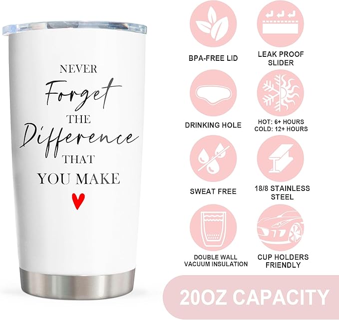 Thank You Gifts for Women/Men, Teacher/Employee Appreciation Gifts, Retirement Gift for Woman, Farewell Gift for Coworkers, Never Forget The Difference You Make Tumbler 20oz