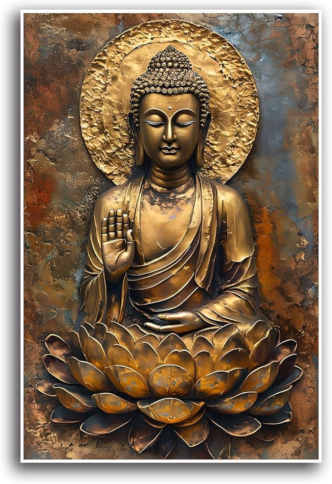 Buddha Wall Art Golden Buddha in Lotus Seat Serene spiritual statue radiant aura Meditation and mindfulness wall art suitable for sacred spaces 32x48in Frameless