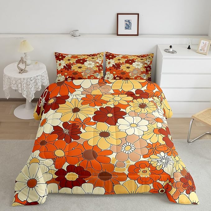 Castle Fairy Bohemian Flowers Comforter Set Twin Size,70s Vintage Floral Quilt Set for Kids Boys Bedroom Collection,Hippie Retro Groovy Botanical Polyester Bedding with 1 Pillowcase,2Pcs
