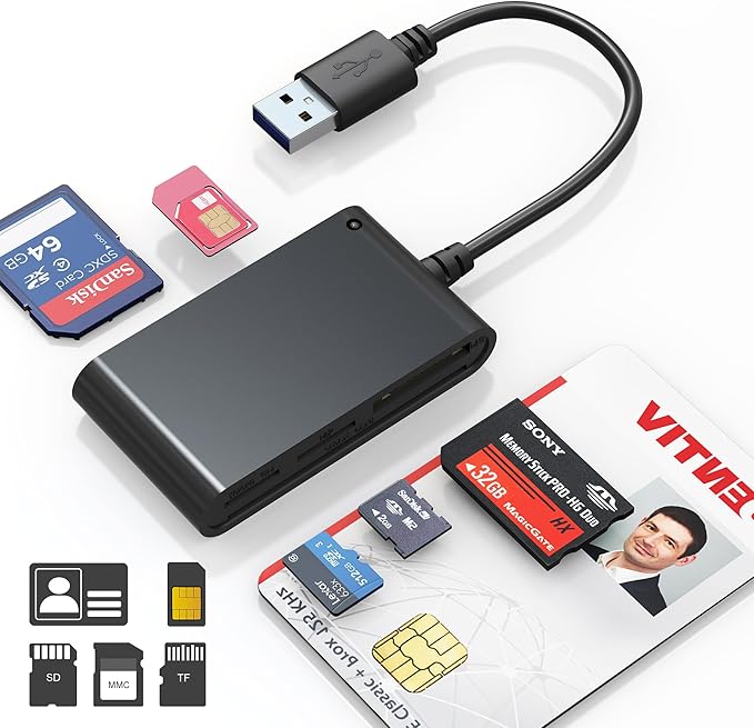 SIM Card Reader for Computer - 7 in 1 CAC Card Reader Military Smart Card Reader & MS Pro Duo/SD/TF/M2/ID/IC/SIM/PIV Card Reader, Memory Stick Pro Duo Adapter for Windows, Linux, MacOS X