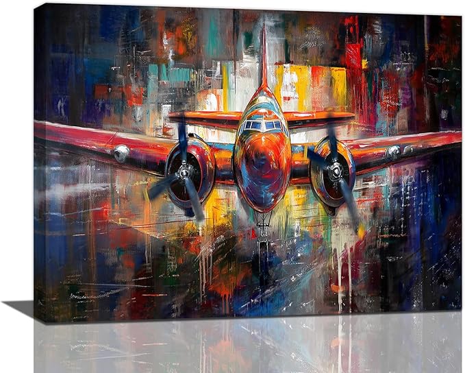 Airplane Wall Art, Graffiti Plane Pictures Wall Decor, Banksy Aviation Canvas Prints Painting, Framed Artwork for Boy Room Bathroom Living Room Bedroom Office Dining Room 20"X16"