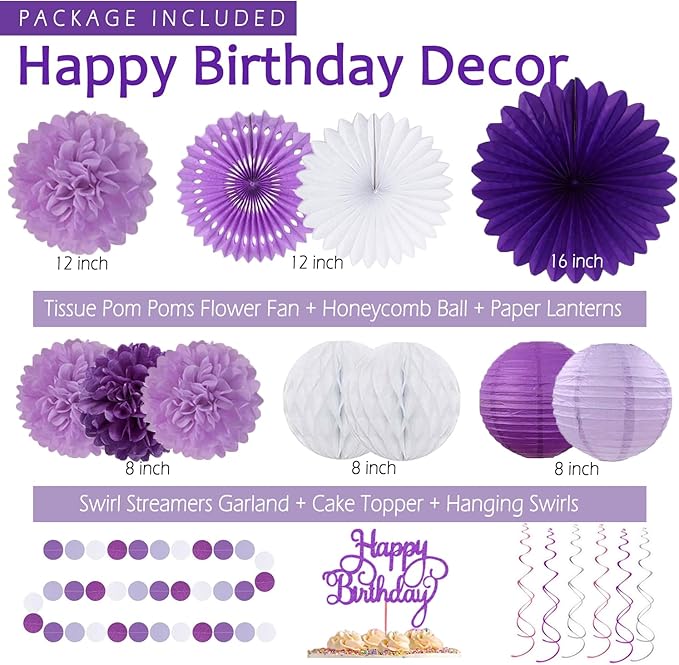 Purple Birthday Decorations for Women Girls,Happy Banner,Lilac Paper Lanterns Tissue Pom Poms Flower Fan,Purple White Balloon Décor For 40th 50th Anniversary Princess Backdrop Party Supplies