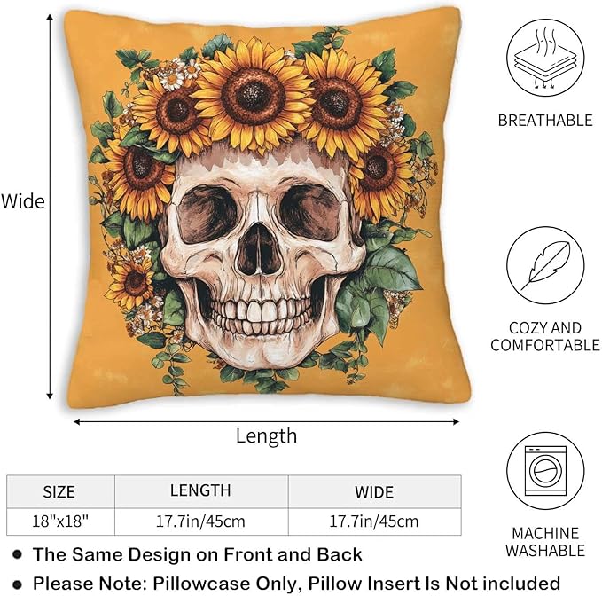 Sugar Skull Throw Pillow Covers 18x18 Set of 2 | Decorative Cushion Cases for Couch, Sofa and Bedroom | Day of The Dead Gifts for Women | Modern Mexican Pillowcases for Home Decor