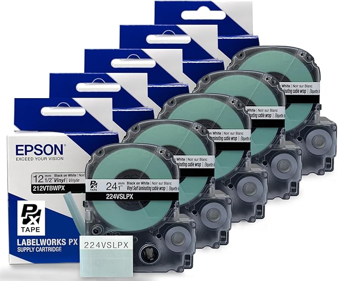 Epson LABELWORKS 224VSLPX-5PK Genuine Tape Cartridge - 5 Pack Black on White Flexible and Durable Vinyl Self Laminating Overwrap Industrial Label Maker Tape - 1" (24MM) Wide, 26.2 ft 5 Cartridges