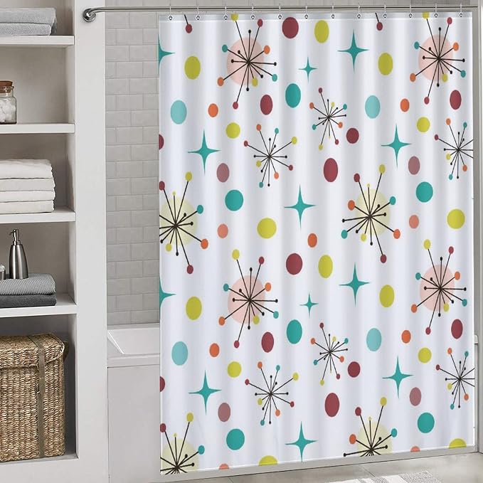Mid Century Shower Curtain, Geometric Atomic Abstract Iconic Pattern 1950s 1960s Vintage Retro Style Art Pastel Waterproof Fabric Bathroom Shower Curtain Set with Hooks, 72"x78" Inch
