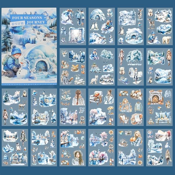 Dwpetzo Winter Pre-Cut Journal Sticker Book for Junk Journaling, Transparent PET White Snow Landscape Stickers for Scrapbook Supplies, Scrapbooking, Collage, Planners, Bujo, 20 Sheets