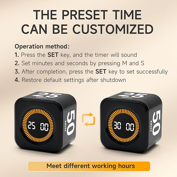 Exlliy Rotating Productivity Timer 5, 25, 10, 50 Minutes Preset, Desk Cube w/Gravity Sensor for ADHD, Mute Functions, Ideal for Work, Study, Kitchen, Back to School (1, Black)