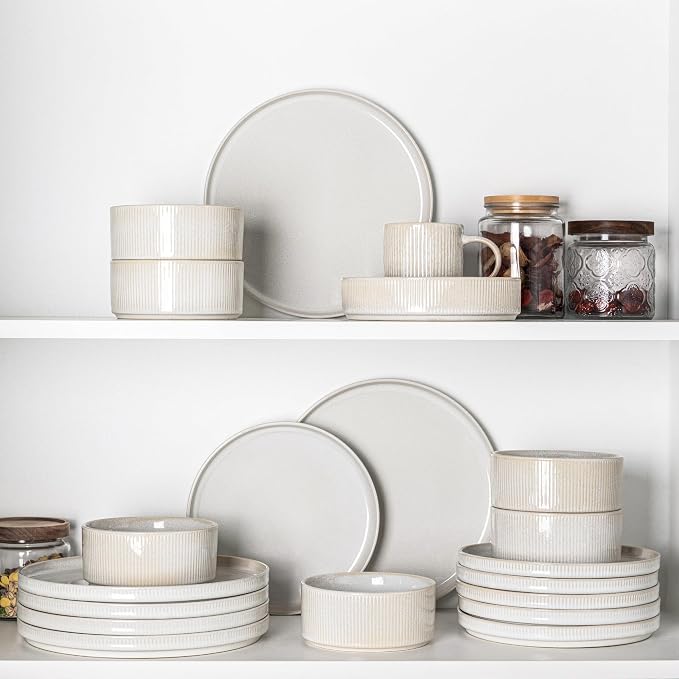 GBHOME 18-Piece Stoneware Dinnerware Set for 6 – Ribbed Ceramic Plates and Bowls, Scratch-Resistant, Microwave & Dishwasher Safe, Reactive Glaze, Sugar White