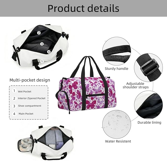 Butterfly Watercolor Magenta Pink Women'S Gym Duffle Bag With Shoes Compartment, Ideal For Travel, Gym, Sports, Duffel, Weekender