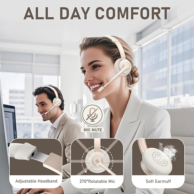 Vonztek Wireless Headset, Trucker Bluetooth Headset with Microphone Noise Canceling & Mute, Bluetooth Headphones with USB Dongle for Cell Phone Computer Call Work Home Office Meetings Teams Skype