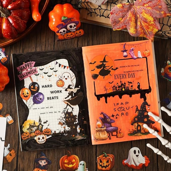 Dwpetzo Transparent Halloween Scrapbook Stickers Book, 20 Sheets Diecut PET Stickers for Journaling, Purple Vintage Spooky Theme for Scrapbooking, Junk Journal Supplies, Planner, Bujo, Crafts Arts