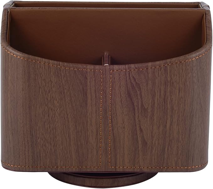 RHCSZ Brown 360 Degree Swiveling TV Remote Control Holder/Caddy, Leather Desk Organizer for Office and Home Furniture Decoration Storage Box(Dark wood grain)