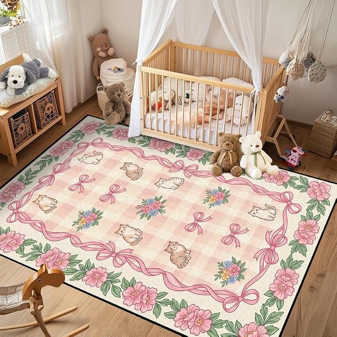 3'x5' Cat Floral Area Rug Pink Bow Flower Carpet Washable Rug Cute Cartoon Boho Floor Mat for Entryway Bedroom Living Room Nursery Playroom Classroom Home Decor