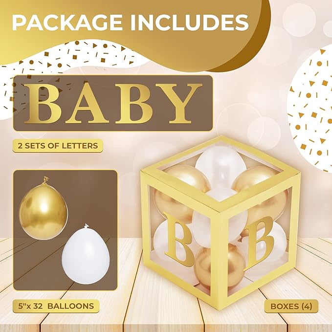 Baby Shower Boxes with Letters – Gold Boxes with Gold & White Balloons – 44-Piece Gender Reveal & Party Decoration Set by Vellax