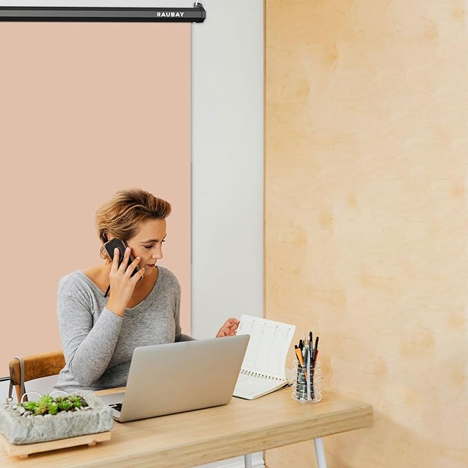 RAUBAY Retractable Pull Down Beige Screen Backdrop - 59.8" x 86.6" Collapsible Wall-Mount Nude Background for Professional Video Production, Photography, TikTok and Video Conferencing