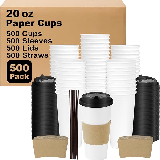 Coolcap 20 oz 500 Pack Coffee Cups with Lids and Sleeves, Straws, Hot Disposable To Go Travel Paper Cups Bulk for Office, Home Coffee Bar Accessories, Chocolate, Cocoa, Beverage (White)